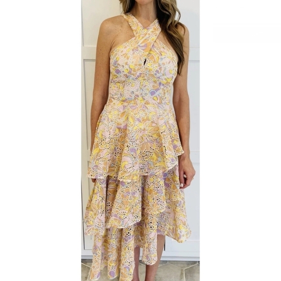 Willa Story Mia Ruffled Tiered Asymmetrical Halter Midi Sundress XS Euro Summer - Picture 3 of 14